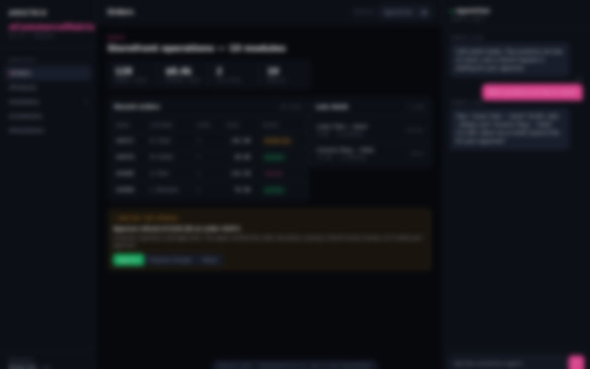 The eCommerceMatrix interface — workspace, AgentChat, and supervision gates. Representative UI.