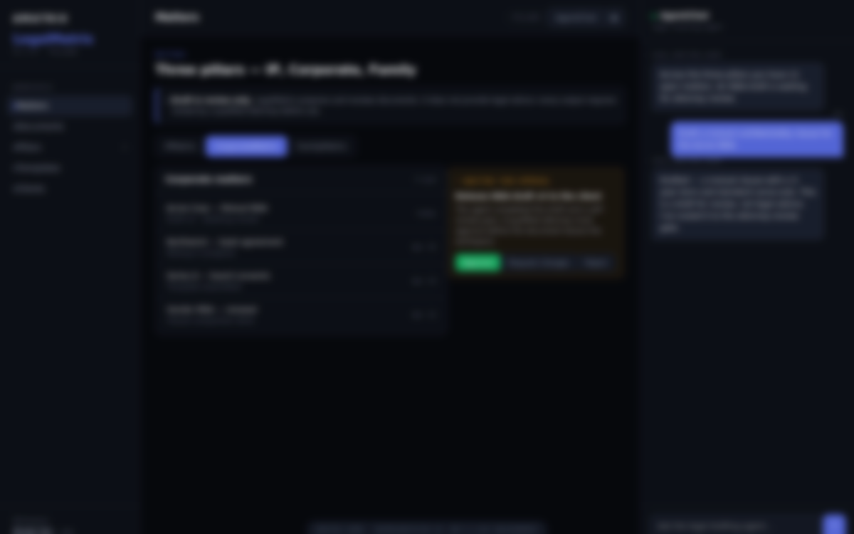 The LegalMatrix interface — workspace, AgentChat, and supervision gates. Representative UI.