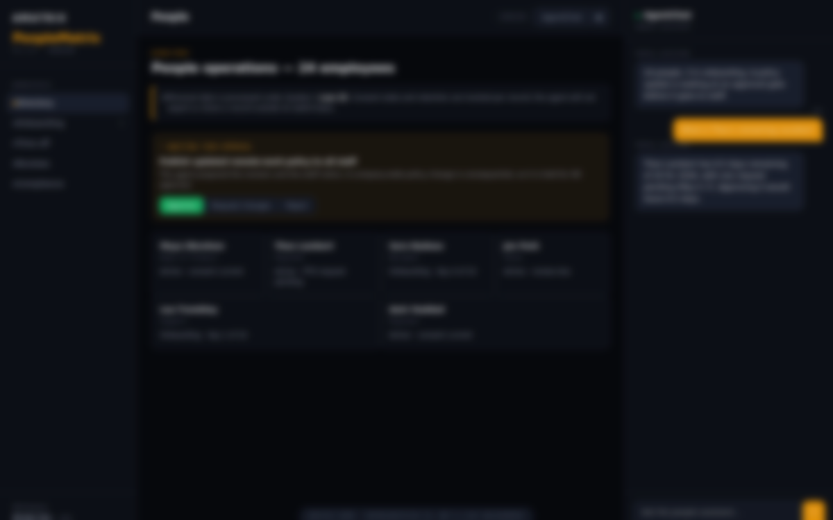 The PeopleMatrix interface — workspace, AgentChat, and supervision gates. Representative UI.